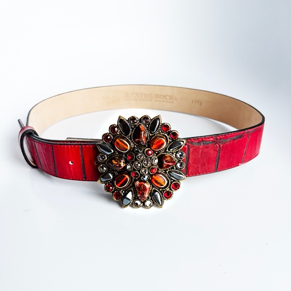 Leatherock Wide Belt Gem Embellished Buckle Red Croc Stamp Leather Strap Size 32 - Picture 6 of 11